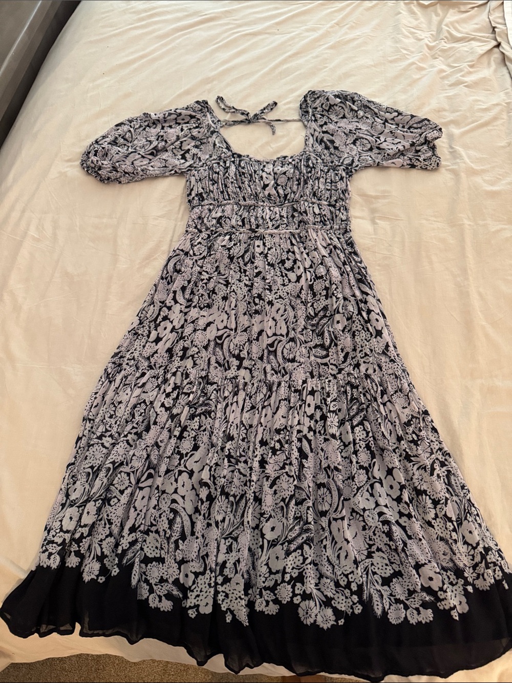 Anthropologie Square Neck Floral Puff Sleeve Midi Dress in Navy and White